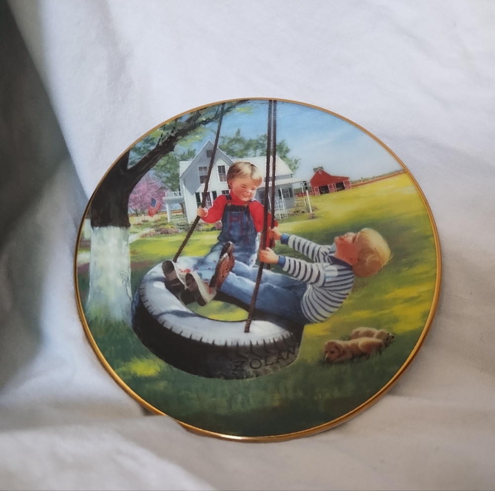Vintage Zolan Fine Arts Kids On A Tire Swing Mini Painted 3 9/16" Dia Plate 1998